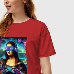 Футболка оверсайз женская Mona Lisa is an avid gamer - cyberpunk, цвет: красный — фото 2