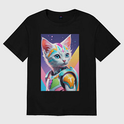 Футболка оверсайз женская Котик в стиле киберпанк, цвет: черный