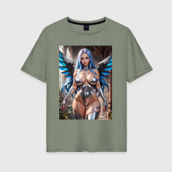 Футболка оверсайз женская Девушка с киберимплантами крыльев, цвет: авокадо