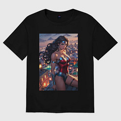 Футболка оверсайз женская Чудо-женщина на крыше с городским фоном в стиле ко, цвет: черный