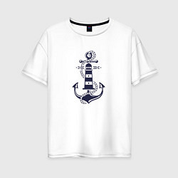 Футболка оверсайз женская Морская эмблема - якорь и маяк, цвет: белый