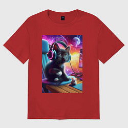 Футболка оверсайз женская Котёнок в наушниках и мышка, цвет: красный