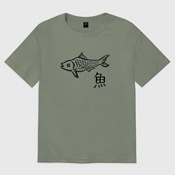 Футболка оверсайз женская Рыба с японским иероглифом, цвет: авокадо