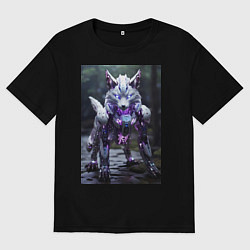 Футболка оверсайз женская Киборг лиса с неоновой подсветкой, цвет: черный