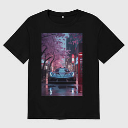 Футболка оверсайз женская Суперкар и сакура, цвет: черный