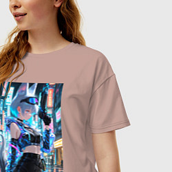 Футболка оверсайз женская Лиса наемник в стиле Cyberpunk, цвет: пыльно-розовый — фото 2
