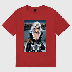 Женская футболка оверсайз Черная кошка на крыше небоскреба