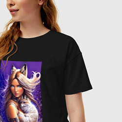 Футболка оверсайз женская Девушка-лиса с лисёнком нейроарт, цвет: черный — фото 2