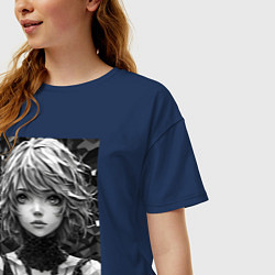 Футболка оверсайз женская Аниме портрет девушки в черно-белом цвете, цвет: тёмно-синий — фото 2