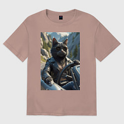 Женская футболка оверсайз Кот за рулем кабролета