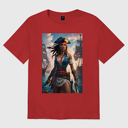 Женская футболка оверсайз Пиратка на фона флотилии кораблей