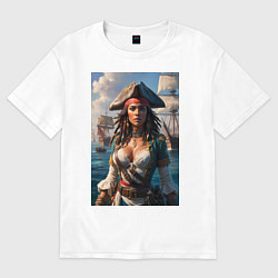 Женская футболка оверсайз Пиратка на фона флотилии кораблей