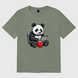 Футболка оверсайз женская Панда с кофе за ноутбуком, цвет: авокадо