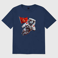 Футболка оверсайз женская Далматинец космонавт с красным флагом СССР, цвет: тёмно-синий