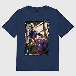 Футболка оверсайз женская Девушка с оружием в киберпанк стиле, цвет: тёмно-синий