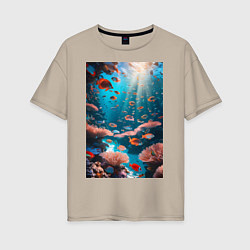Футболка оверсайз женская Подводный коралловый риф с рыбками, цвет: миндальный