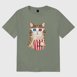 Женская футболка оверсайз Котик киноман в очках 3d