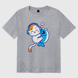 Футболка оверсайз женская Котик и рыба, цвет: меланж