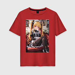 Футболка оверсайз женская Лоли-горничная сидит на диване, цвет: красный