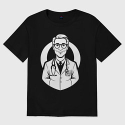 Футболка оверсайз женская Врач с улыбкой и стетоскопом, цвет: черный