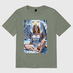 Женская футболка оверсайз Девушка-ангел на снегу в лесу