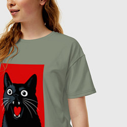 Футболка оверсайз женская Удивленный черный кот, цвет: авокадо — фото 2