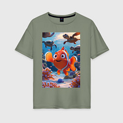 Женская футболка оверсайз Рыбка клоун плавает с черепахами