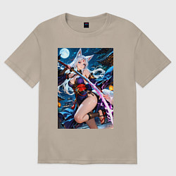 Женская футболка оверсайз Лисица с катаной на фоне полной Луны