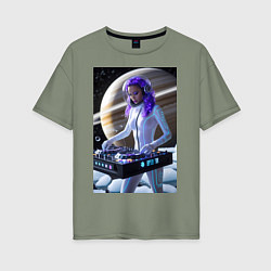 Женская футболка оверсайз Девушка космо DJ на фоне сатурна