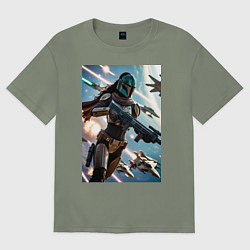 Футболка оверсайз женская Девушка-мандалорец летит в космосе, цвет: авокадо