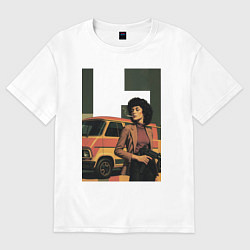 Футболка оверсайз женская Девушка с автоматом на фоне минивэна ретрофутуризм, цвет: белый