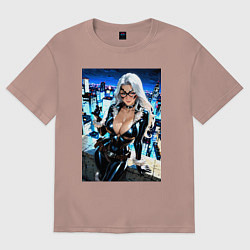 Женская футболка оверсайз Черная кошка с брилиантом на крыше здания