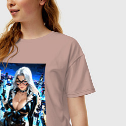 Футболка оверсайз женская Черная кошка с брилиантом на крыше здания, цвет: пыльно-розовый — фото 2