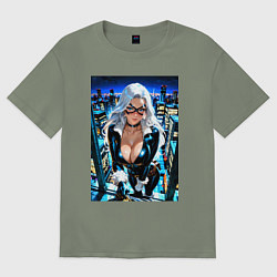 Женская футболка оверсайз Черная кошка на крыше