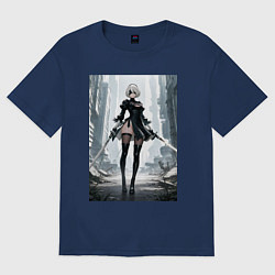 Женская футболка оверсайз Девушка-андроид с катанами посреди руин
