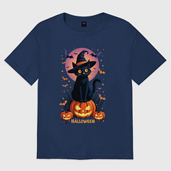 Женская футболка оверсайз Halloween cat sits on pumpkin