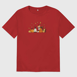 Футболка оверсайз женская Лиса с тыквами и фонарём, цвет: красный