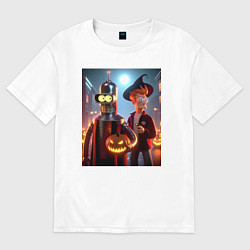 Футболка оверсайз женская Бендер и Фрай в шляпе - ночь на хэллоуин, цвет: белый