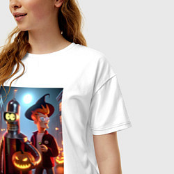 Футболка оверсайз женская Бендер и Фрай в шляпе - ночь на хэллоуин, цвет: белый — фото 2