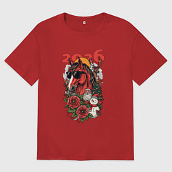 Женская футболка оверсайз Красная огненная лошадь 2026