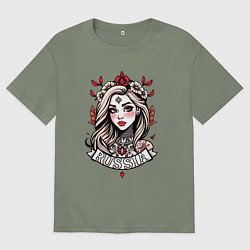 Женская футболка оверсайз Русская девушка с узорами