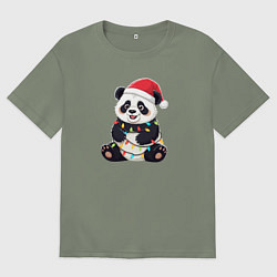 Женская футболка оверсайз Новогодняя Панда в гирлянде