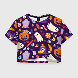 Футболка 3D укороченная женская HALLOWEEN BTS BT21 PATTERN БТ21 БТС ХЕЛЛОУИН, цвет: 3D-принт