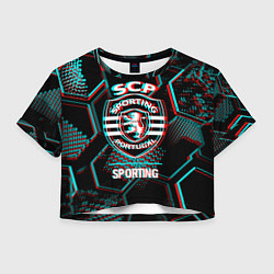 Футболка 3D укороченная женская Sporting FC в стиле Glitch на темном фоне, цвет: 3D-принт