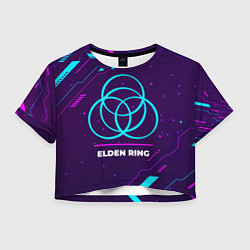 Футболка 3D укороченная женская Символ Elden Ring в неоновых цветах на темном фоне, цвет: 3D-принт