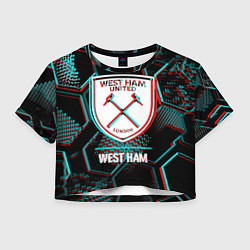 Футболка 3D укороченная женская West Ham FC в стиле Glitch на темном фоне, цвет: 3D-принт
