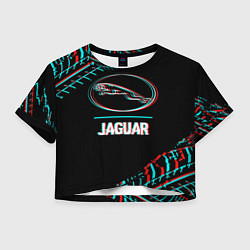 Футболка 3D укороченная женская Значок Jaguar в стиле glitch на темном фоне, цвет: 3D-принт