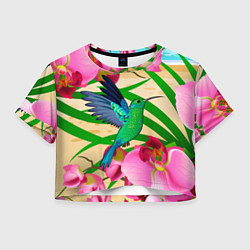 Футболка 3D укороченная женская Колибри и орхидеи, цвет: 3D-принт