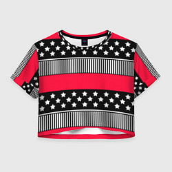 Футболка 3D укороченная женская Red and black pattern with stripes and stars, цвет: 3D-принт