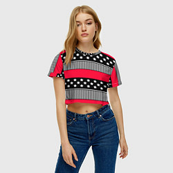 Футболка 3D укороченная женская Red and black pattern with stripes and stars, цвет: 3D-принт — фото 2